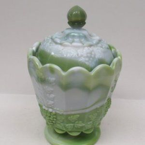 Westmoreland Glass Green Slag PANELED GRAPE Small Canister Jar with Lid - Scarce